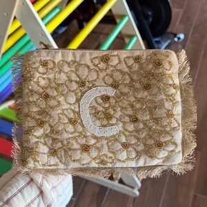 Gold Floral beaded Embroidered Pouch “C”